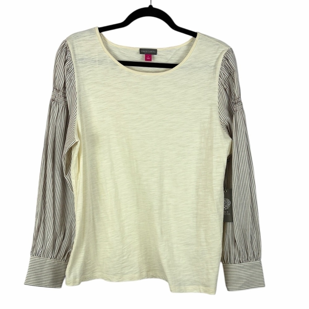Vince Camuto Cream Top Cotton Striped Long Sleeves Large NWT